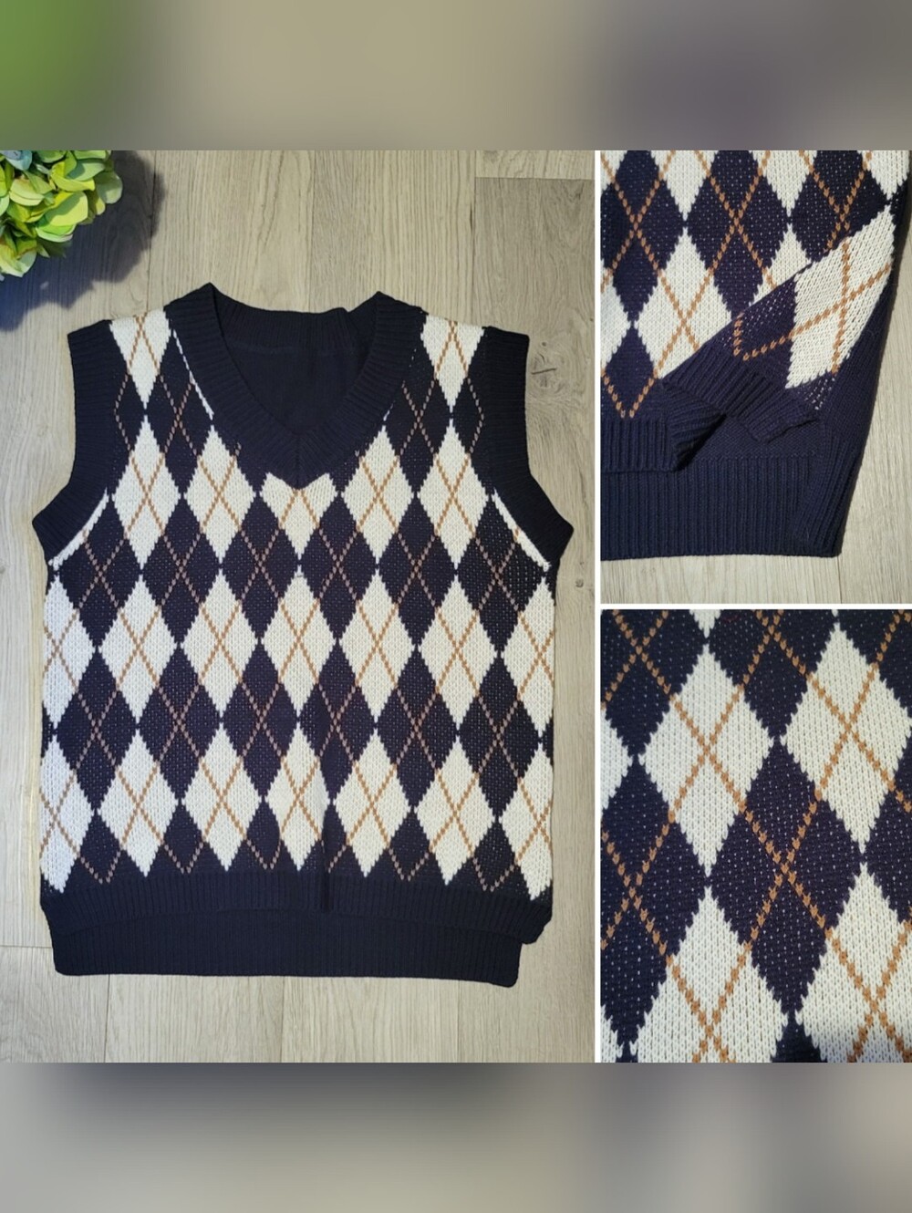 Inspire Chic Argyle Knit Navy, White, and Tan V-Neck Sweater Vest, Women Medium